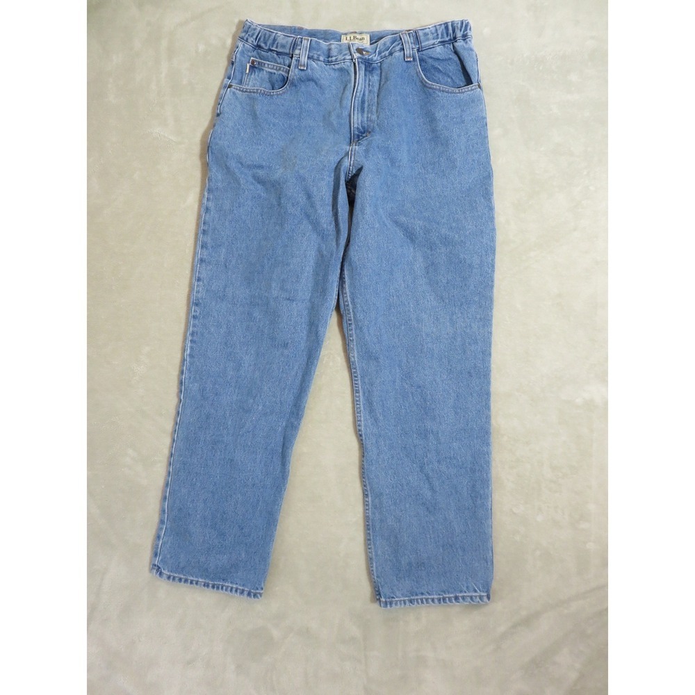 LL Bean Comfort Waist Jeans Mens 37x32 Blue Denim Straight Leg Elastic Waist